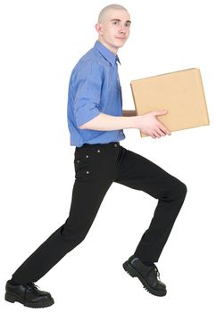 Man holding cardboard box on the white background