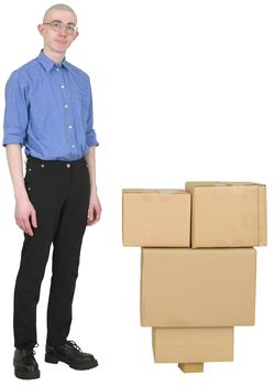 Courier in spectacles and cardboard boxes on white