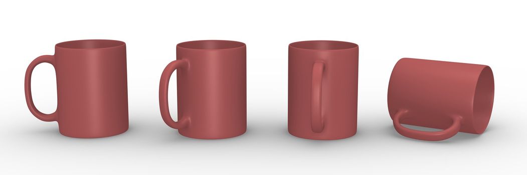 Set of red mugs in various viewing perspectives. 3D rendered illustration.
