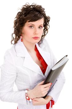 Attractive businesswoman in a white suit on isolated background