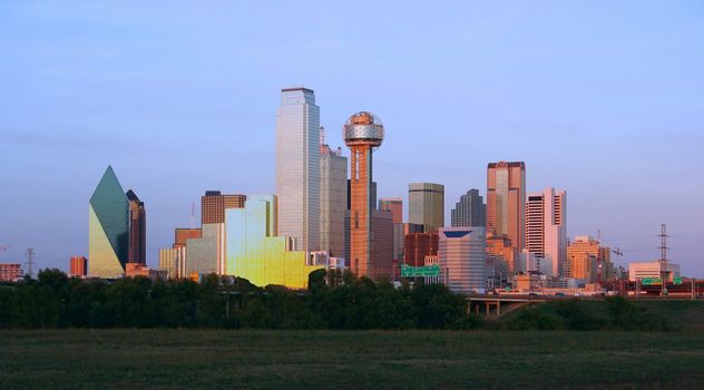 Downtown Dallas, Texas at dusk.