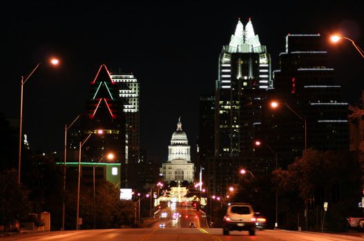 A nice shot of the Texas State Capitol Building in downtown Austin, Texas at night.