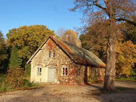 Traditional typical Danish country home surrounded by trees Denmark