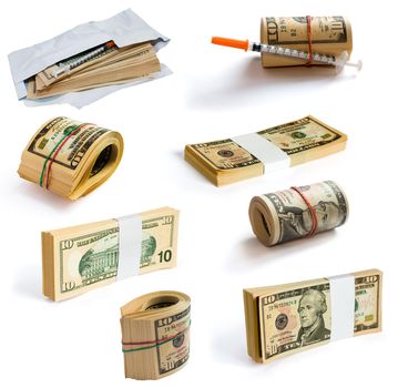 Collection of dollars isolated on white. Clipping path included for every object.