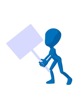 Cute blue silhouette guy holding a blank sign on a white background
