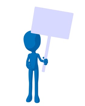 Cute blue silhouette guy holding a blank sign on a white background
