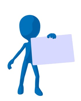 Cute blue silhouette guy holding a blank business card on a white background
