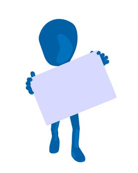 Cute blue silhouette guy holding a blank business card on a white background
