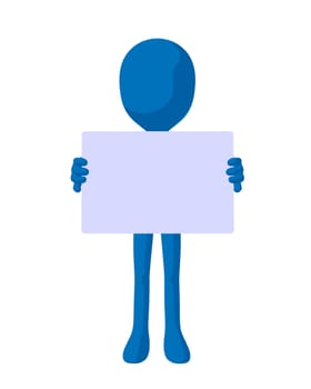 Cute blue silhouette guy holding a blank business card on a white background
