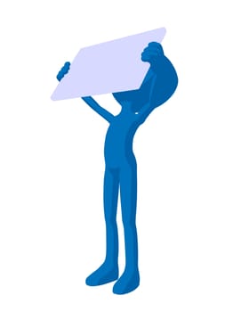 Cute blue silhouette guy holding a blank business card on a white background
