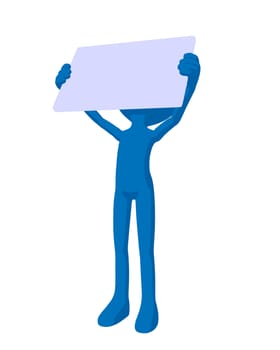 Cute blue silhouette guy holding a blank business card on a white background
