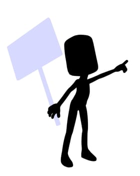 Cute black silhouette guy holding a blank sign on a white background

