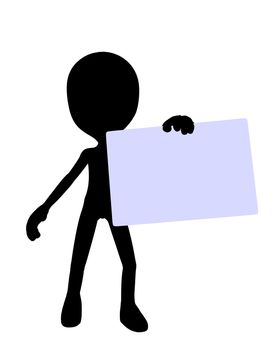 Cute black silhouette guy holding a blank business card on a white background
