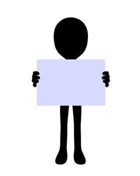 Cute black silhouette guy holding a blank business card on a white background
