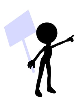 Cute black silhouette guy holding a blank sign on a white background
