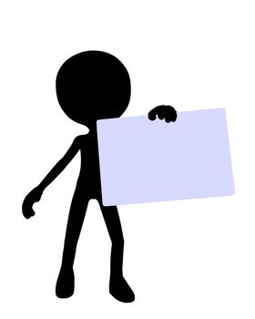 Cute black silhouette guy holding a blank business card on a white background
