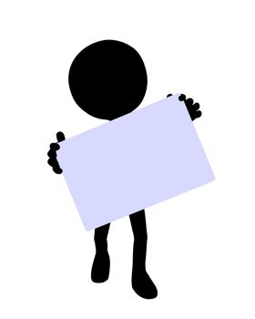 Cute black silhouette guy holding a blank business card on a white background
