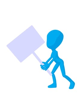 Cute blue silhouette guy holding a blank sign on a white background
