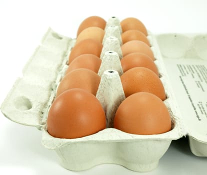 A dozen of brown eggs on tray