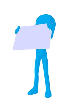 Cute blue silhouette guy holding a blank business card on a white background
