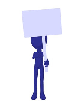 Cute blue silhouette guy holding a blank sign on a white background
