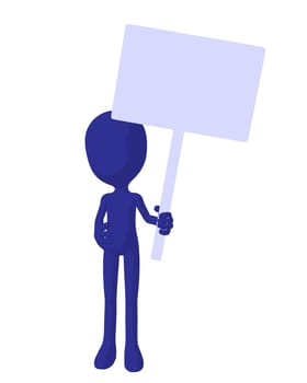 Cute blue silhouette guy holding a blank sign on a white background
