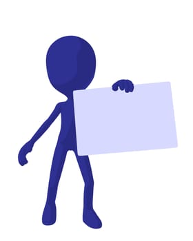 Cute blue silhouette guy holding a blank business card on a white background
