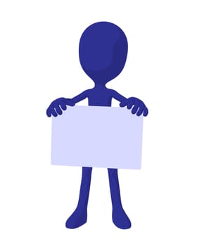 Cute blue silhouette guy holding a blank business card on a white background
