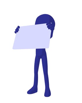 Cute blue silhouette guy holding a blank business card on a white background
