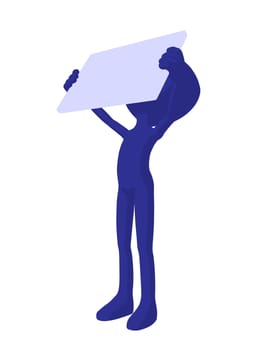 Cute blue silhouette guy holding a blank business card on a white background
