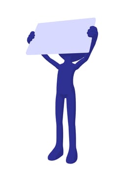 Cute blue silhouette guy holding a blank business card on a white background
