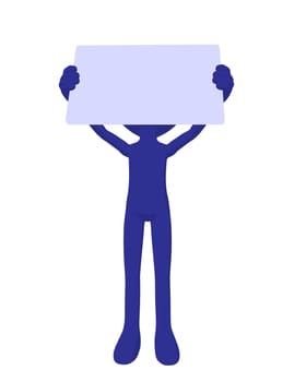 Cute blue silhouette guy holding a blank business card on a white background
