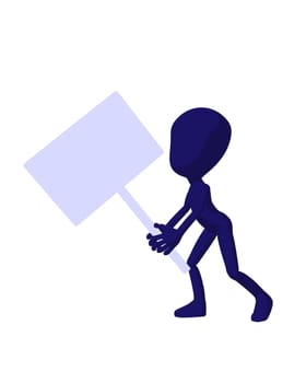 Cute blue silhouette guy holding a blank sign on a white background
