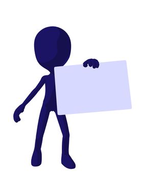Cute blue silhouette guy holding a blank business card on a white background
