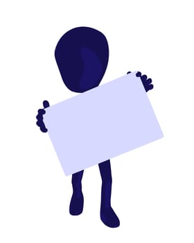 Cute blue silhouette guy holding a blank business card on a white background
