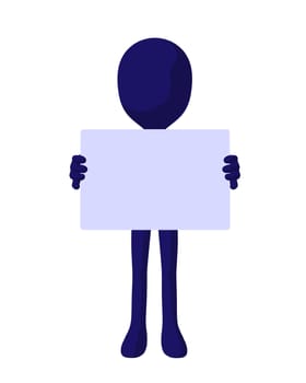 Cute blue silhouette guy holding a blank business card on a white background
