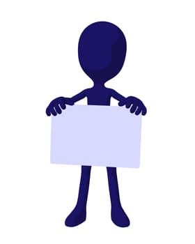 Cute blue silhouette guy holding a blank business card on a white background
