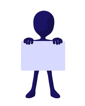 Cute blue silhouette guy holding a blank business card on a white background
