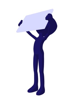 Cute blue silhouette guy holding a blank business card on a white background
