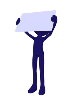 Cute blue silhouette guy holding a blank business card on a white background
