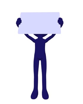 Cute blue silhouette guy holding a blank business card on a white background
