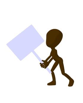 Cute brown silhouette guy holding a blank sign on a white background
