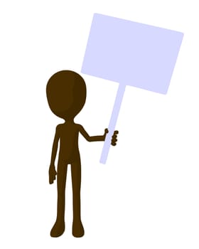 Cute brown silhouette guy holding a blank sign on a white background
