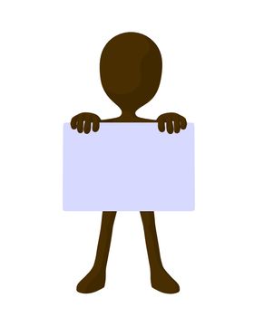 Cute brown silhouette guy holding a blank business card on a white background
