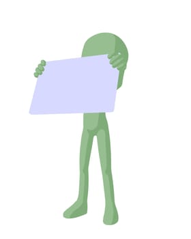 Cute green silhouette guy holding a blank business card on a white background
