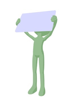 Cute green silhouette guy holding a blank business card on a white background
