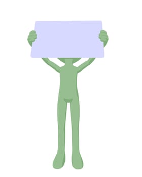 Cute green silhouette guy holding a blank business card on a white background

