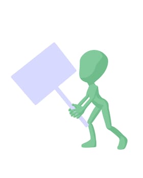 Cute green silhouette guy holding a blank sign on a white background

