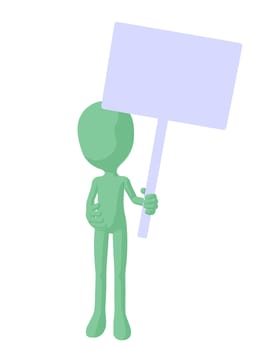 Cute green silhouette guy holding a blank sign on a white background
