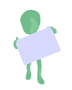 Cute green silhouette guy holding a blank business card on a white background
